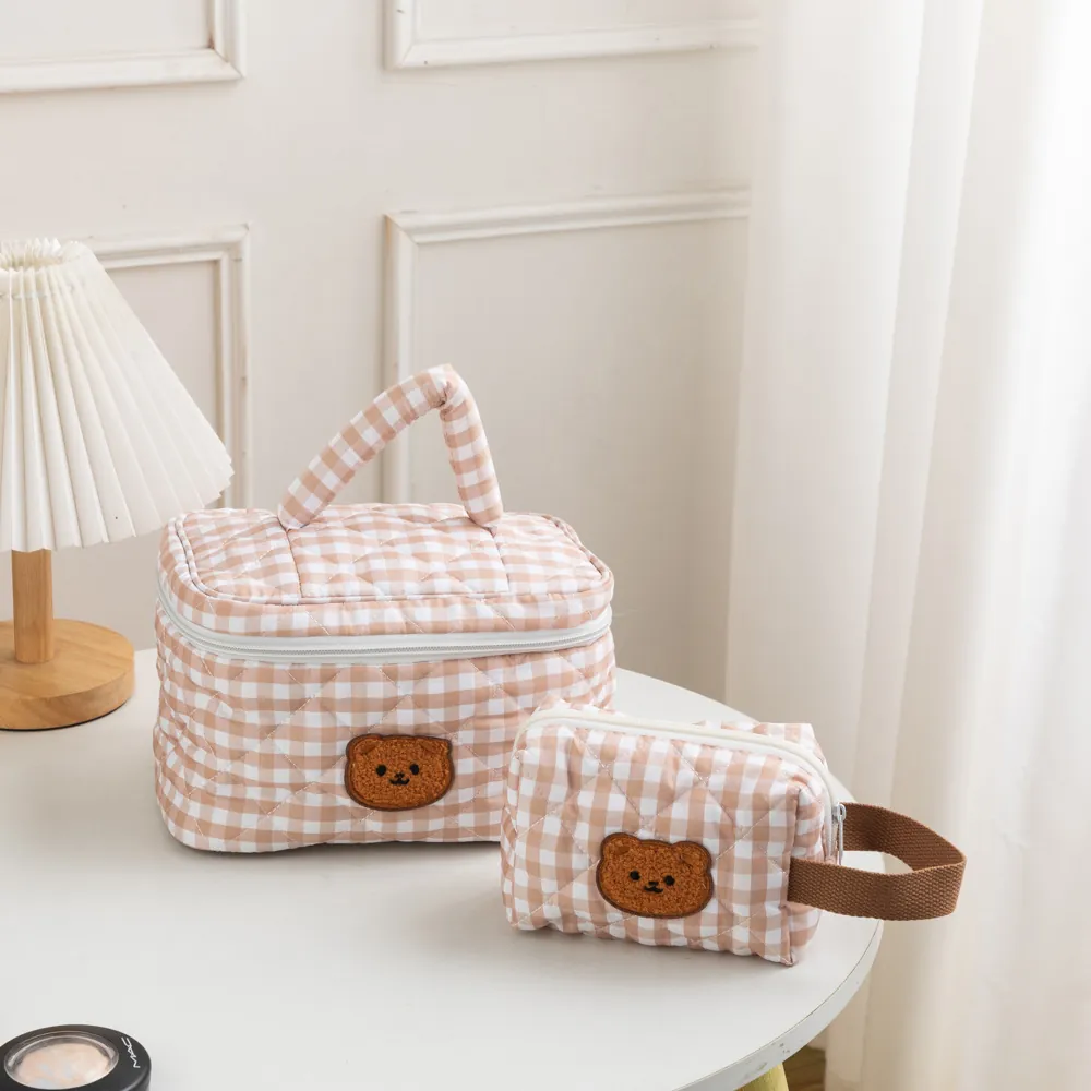 Quilted Makeup Bag Polyester Gingham Checkered Bear Embroidery Portable Organizer Cosmetic Storage Cute Student Travel