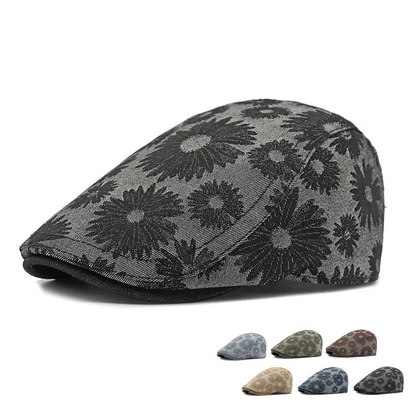 Béret Plat Vintage Britannique Imprimé Marguerite pour Femmes Hommes Automne Hiver Mode Mélange de Coton Chapeau de Newsboy