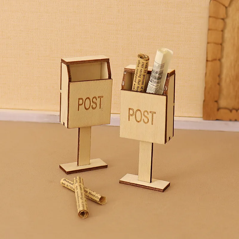 Miniature Wood Mailbox Dollhouse Decoration Micro Landscape Post Box Ornament DIY Accessory Christmas Handmade Model