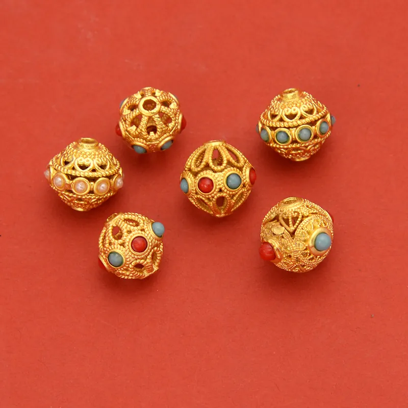 Filigree Hollow Spacer Beads Copper Gold Plated Chinese Style For DIY Jewelry Making Dragonfly Eye Inlaid