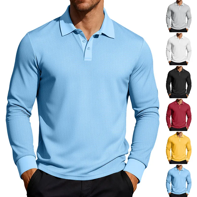 Men Long Sleeve Polo Shirt Waffle Knit Lapel Button Casual Business Solid Color Fashion Top