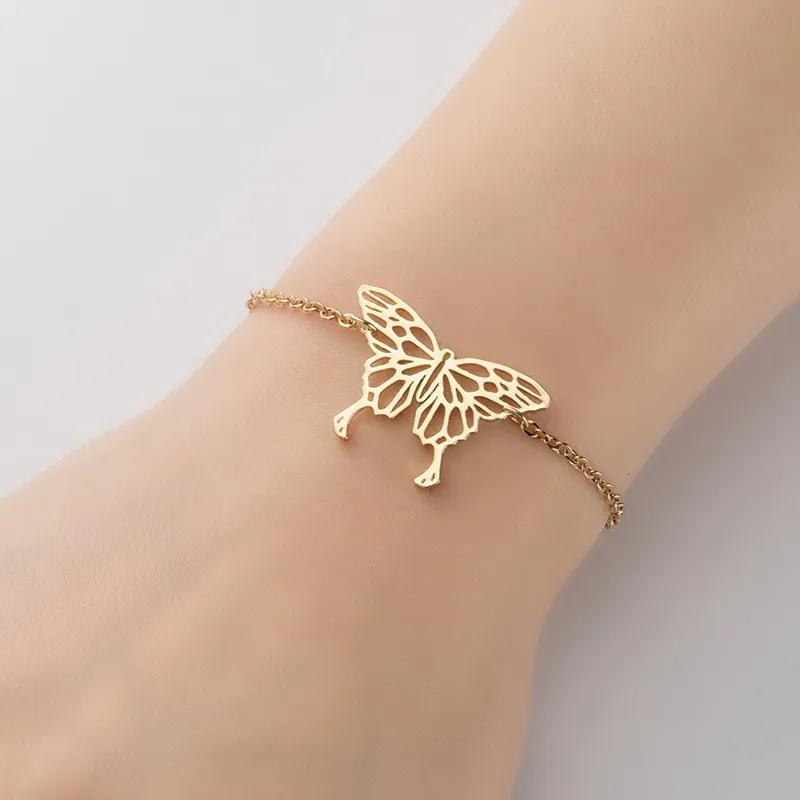 Hollow Butterfly Pendant Bracelet Stainless Steel Adjustable Link Chain Filigree Minimalist Jewelry For Women Girls