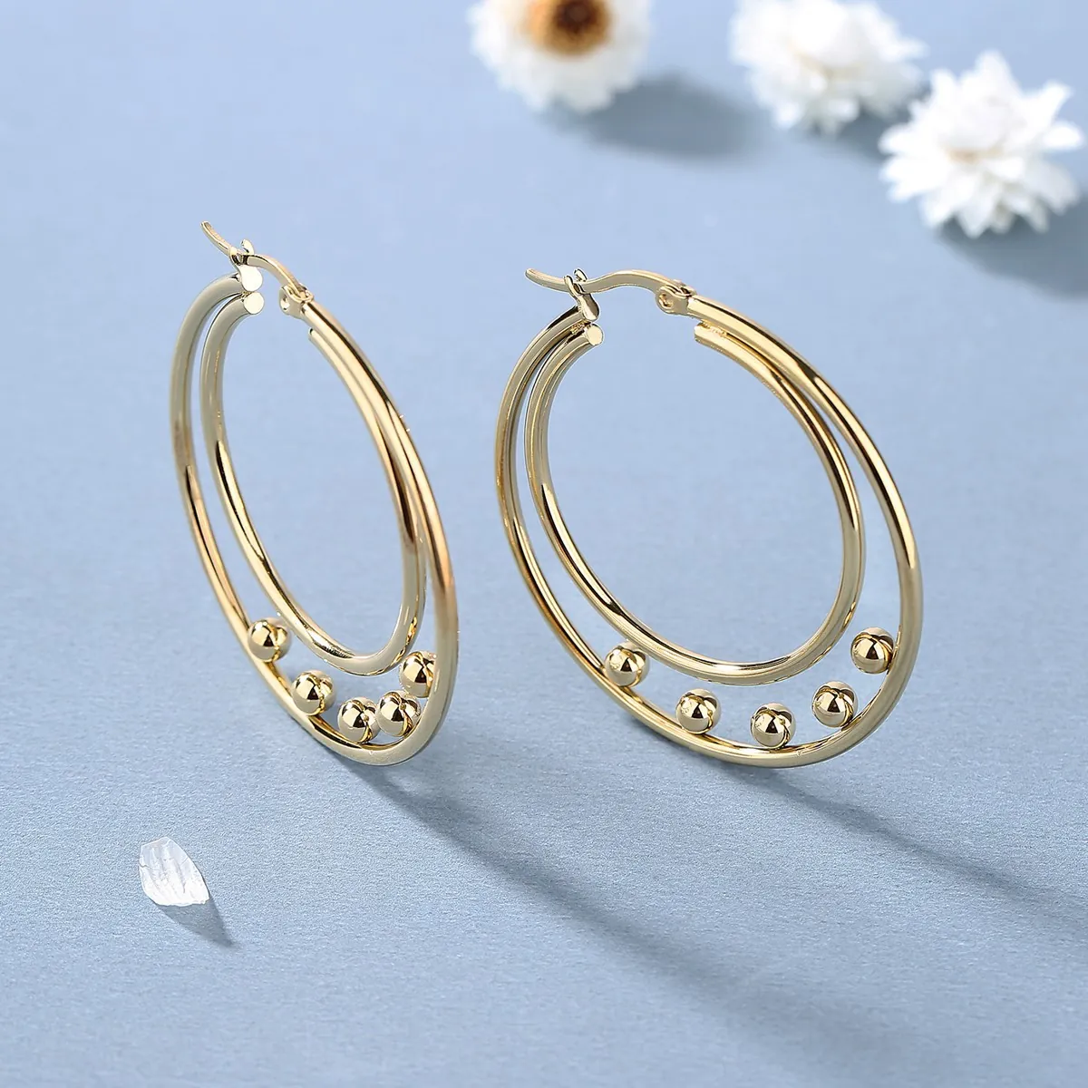 Double Loop Hoop Earrings Stainless Steel Gold Plated With Metal Beads Geometric Fashion Jewelry For Women Elegant Stylish