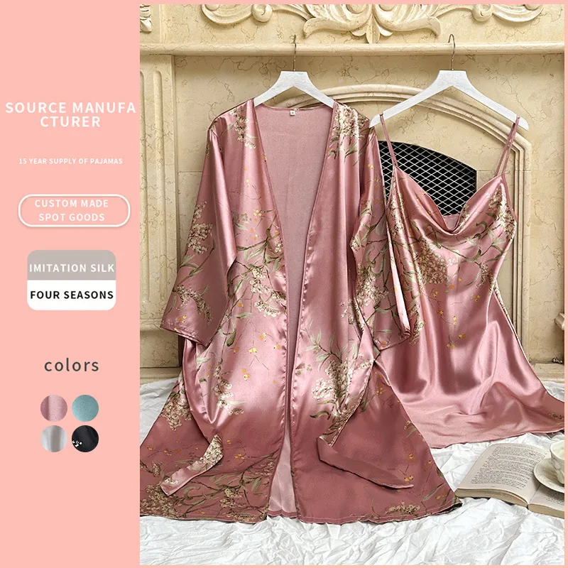 Women Pajamas Imitation Satin Satin Floral Print Long Robe And Slip Dress Sleepwear Loungewear Elegant