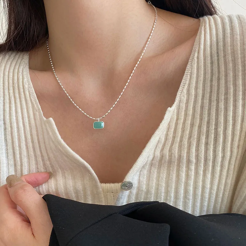 S925 Sterling Silver Natural Amazonite Necklace For Women Rice Grain Bead Chain Geometric Square Pendant Choker Fine Jewelry Gift