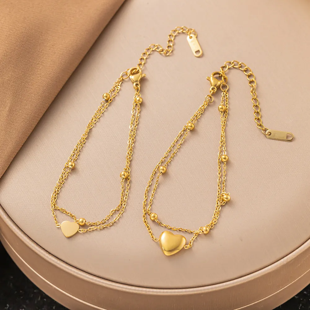 Double Layer Heart Pendant Bracelet Stainless Steel Bead Chain Adjustable Trendy Hip Hop Jewelry For Women
