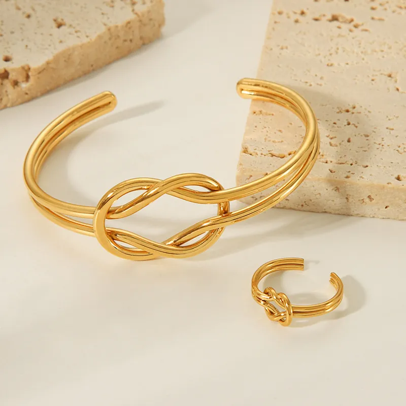 18K Vergoldeter Edelstahl Doppelschicht Knoten Offener Ring Und Knoten Armreif Minimalistischer Modeschmuck Geschenk Für Damen