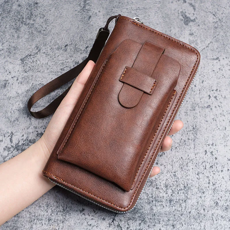 Men Long Wallet PU Leather Zipper Multi Card Slots Phone Pocket Wrist Strap Business Casual Vintage Style Clutch