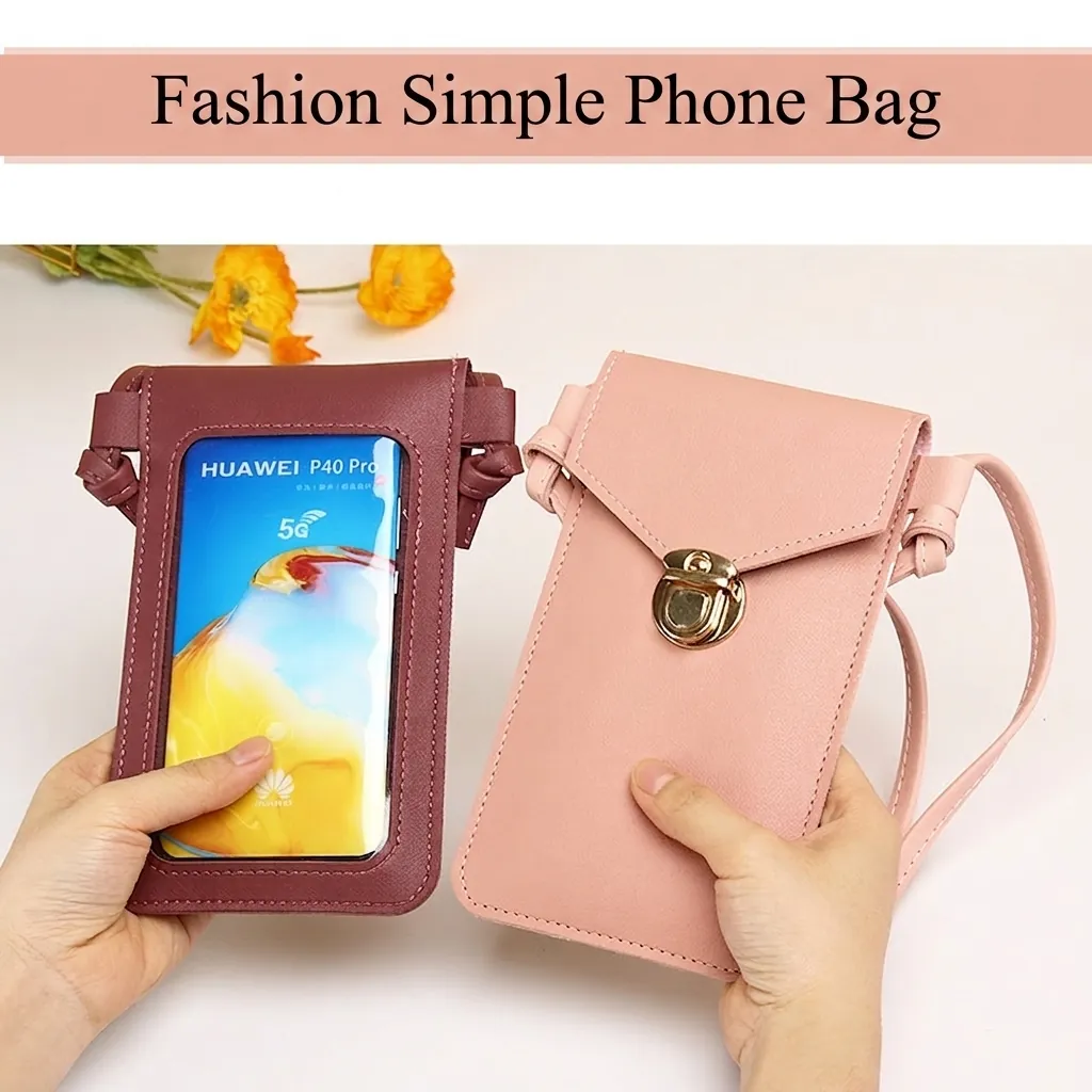 Crossbody Phone Bag PU Leather Touchscreen Window Metal Lock Retro Simple Small Shoulder Pouch For Women
