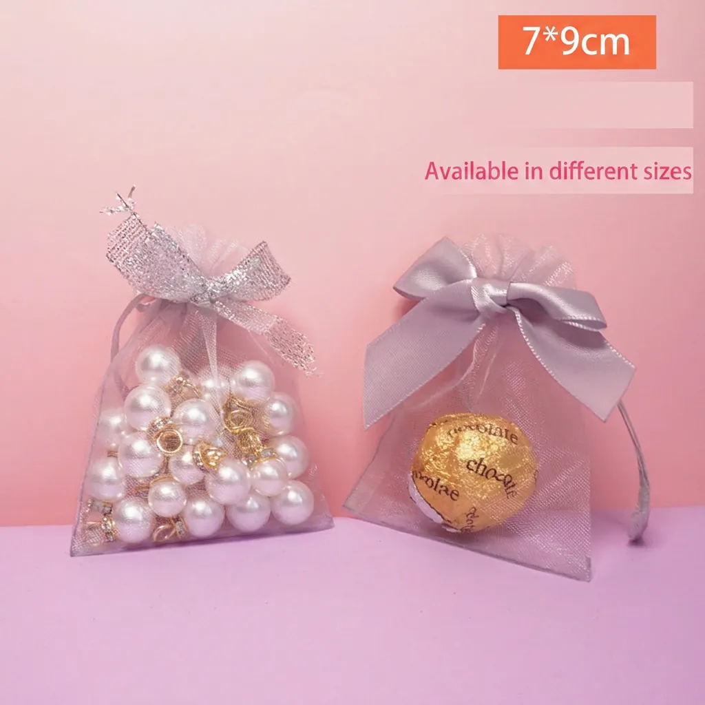 Jewelry Packaging Bags Organza Gauze Drawstring Gift Pouches Silver Glitter Bowknot Translucent Storage Bags Elegant