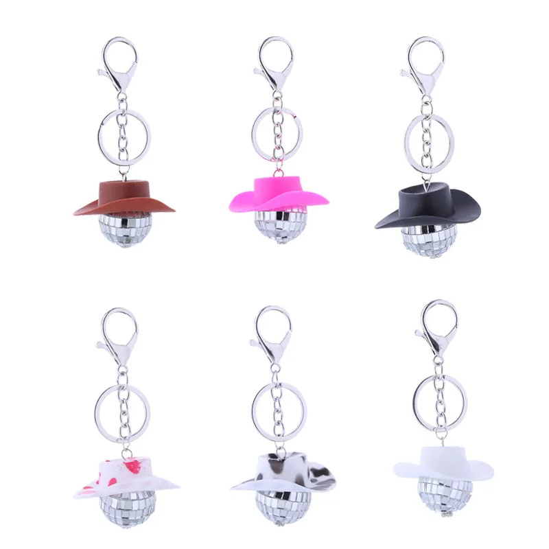 Mini Cowboyhut Disco Kugel Schlüsselanhänger Anhänger Spiegel Retro Auto Deko Tasche Charm Party Zubehör