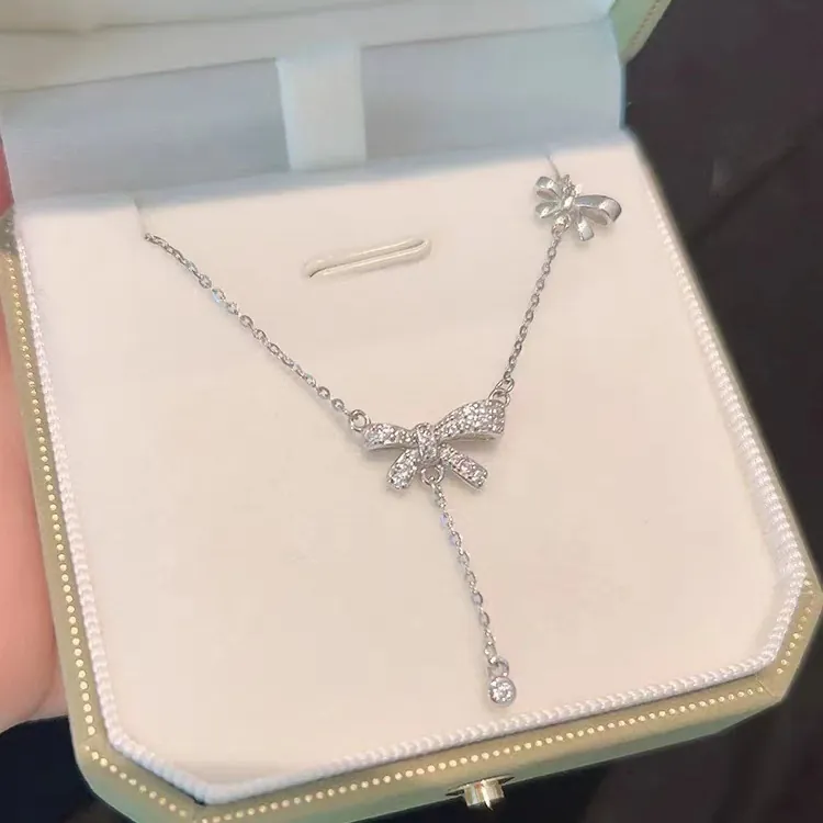 Collana Con Pendente a Fiocco in Argento Sterling S925 Con Zirconia e Nappa Per Donna Elegante Catena Da Clavicola Gioielli Regalo