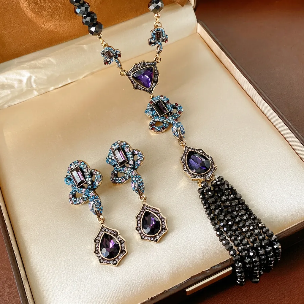 Bijoux Collier Et Boucles D'oreilles Serpent Vintage Avec Tige En Argent Violet Bleu Verre Strass Pompon Luxe
