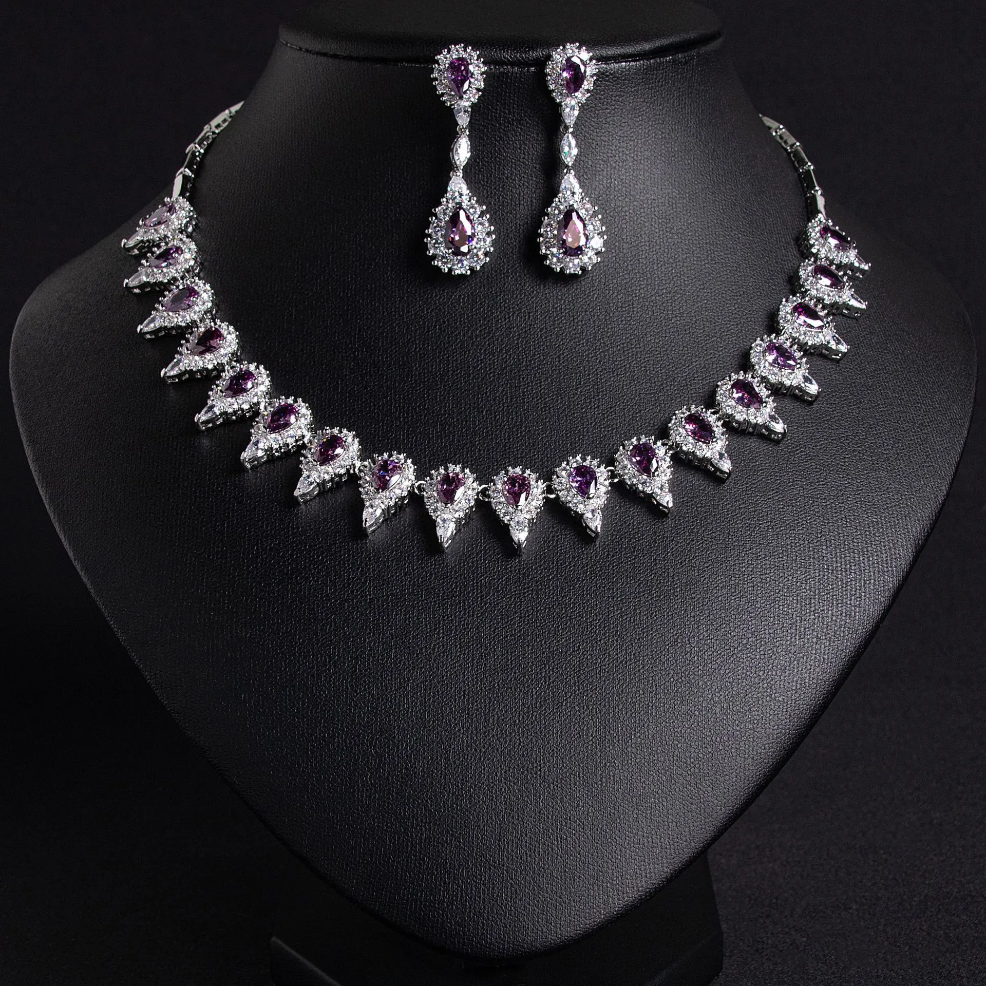 Elegant Bridal Jewelry Ensemble Copper Water Drop Zirconia Necklace Earrings Ring Bracelet Silver Tone Accessories For Women