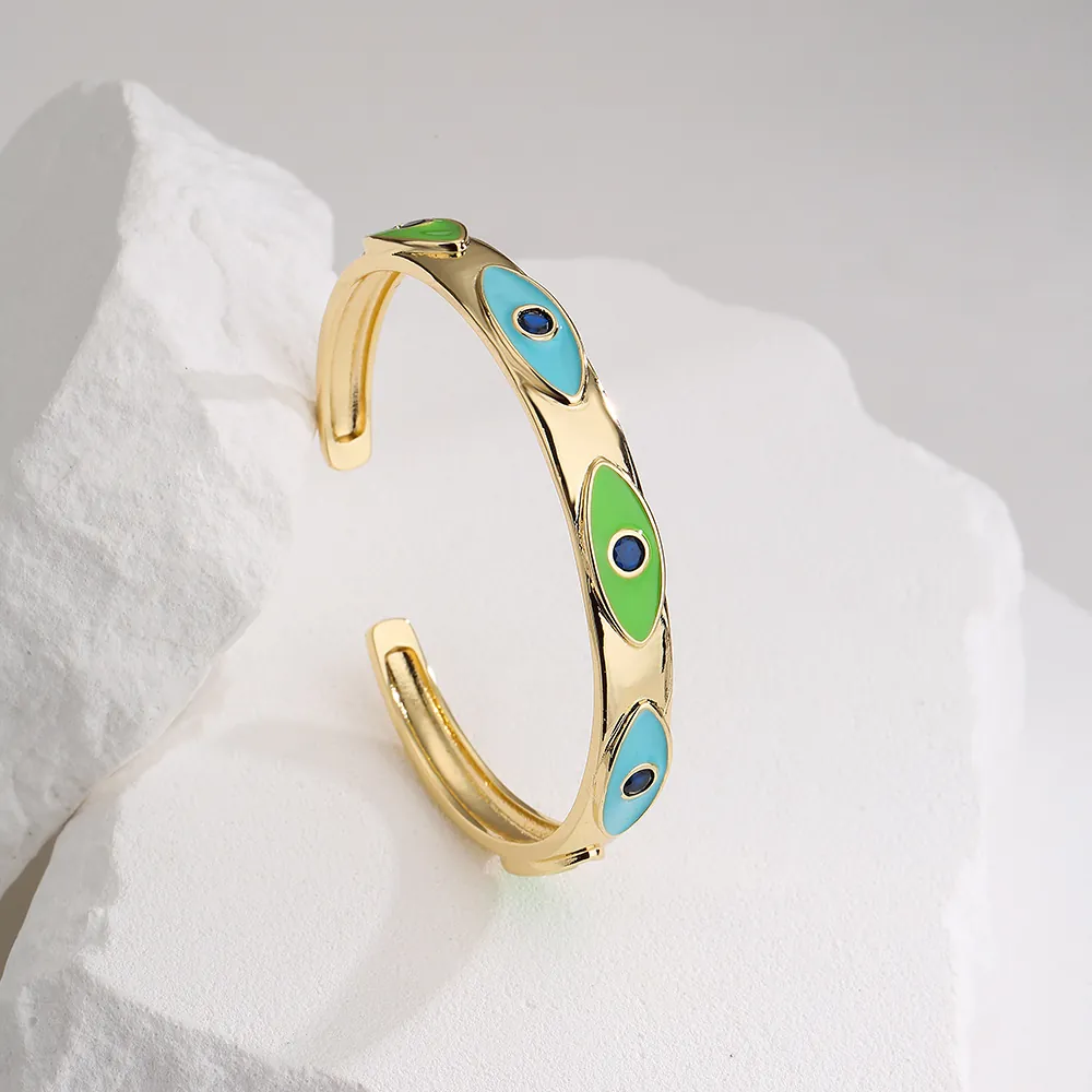 Brazalete Abierto Ojo Turco Cobre Chapado En Oro Esmalte Colorido Circonita Joyería Bohemia Para Mujeres