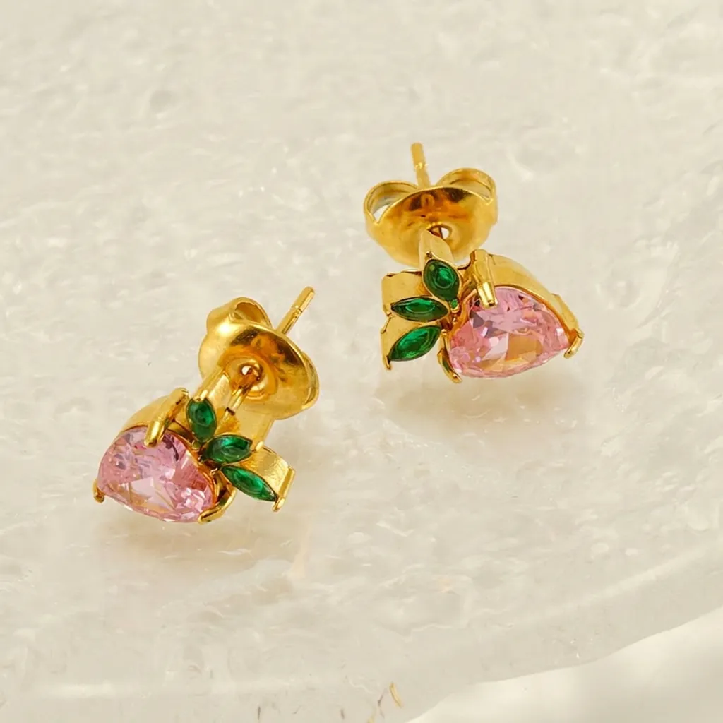 Strawberry Stud Earrings Stainless Steel With 18K Gold Plated Pink Heart Zircon Green Leaf Cute Fruit Jewelry For Women
