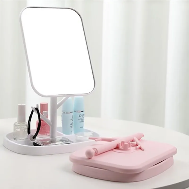 Rotatable Desktop Makeup Mirror With Jewelry Storage Tree Branches And Compartmentalized Base High Definition Plastic