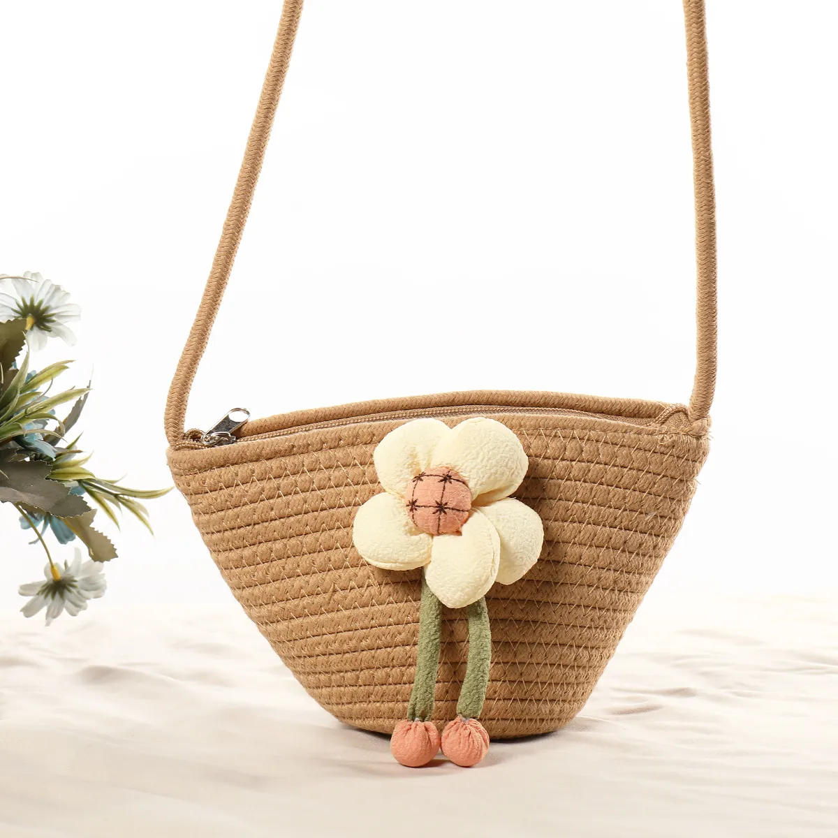 Woven Crossbody Bag Cotton Rope Flower Bear Decor Mini Shell Shoulder Bag Vacation Beach Style Women