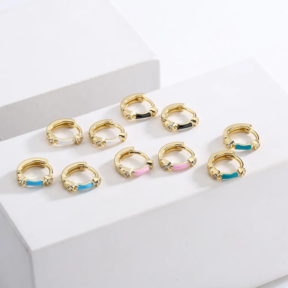 Minimalist Mini Hoop Earrings Copper 18K Gold Plated With Cubic Zirconia And Colorful Enamel For Women Commuting Style