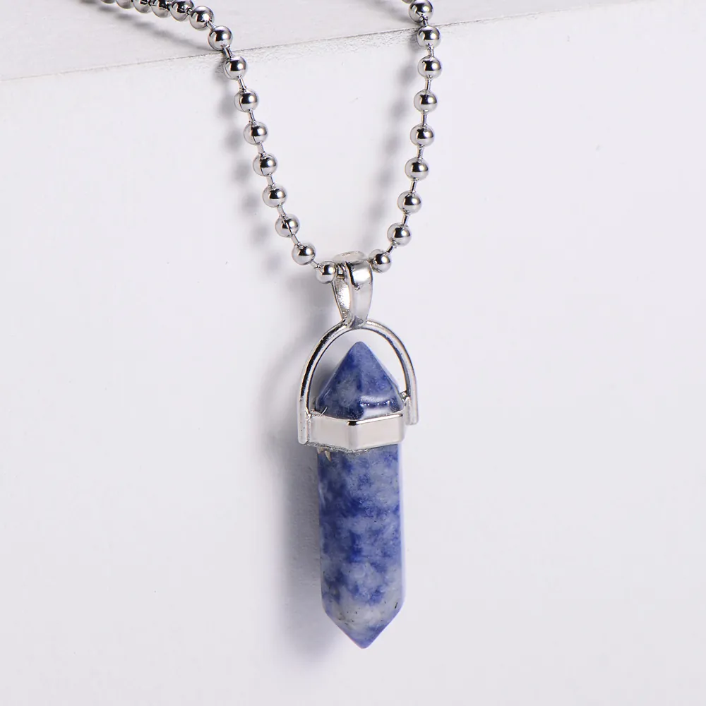 Hexagonal Pillar Pendant Necklace Natural Stone Amethyst Turquoise Stainless Steel Bead Chain Crystal Jewelry Women