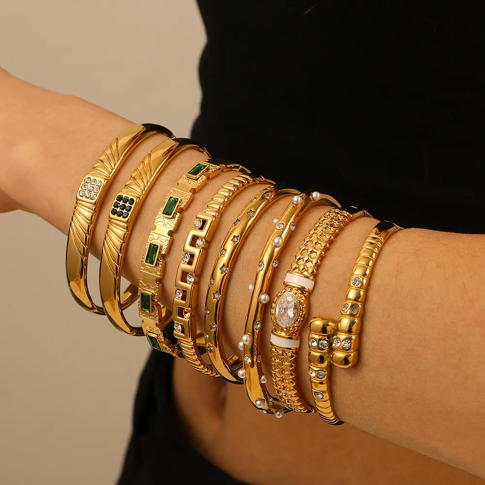 Bracelet Jonc En Acier Inoxydable Plaqué Or 18K Zircon Künstliche Perle Imperméable Hypoallergénique Bijoux De Mode Pour Femmes