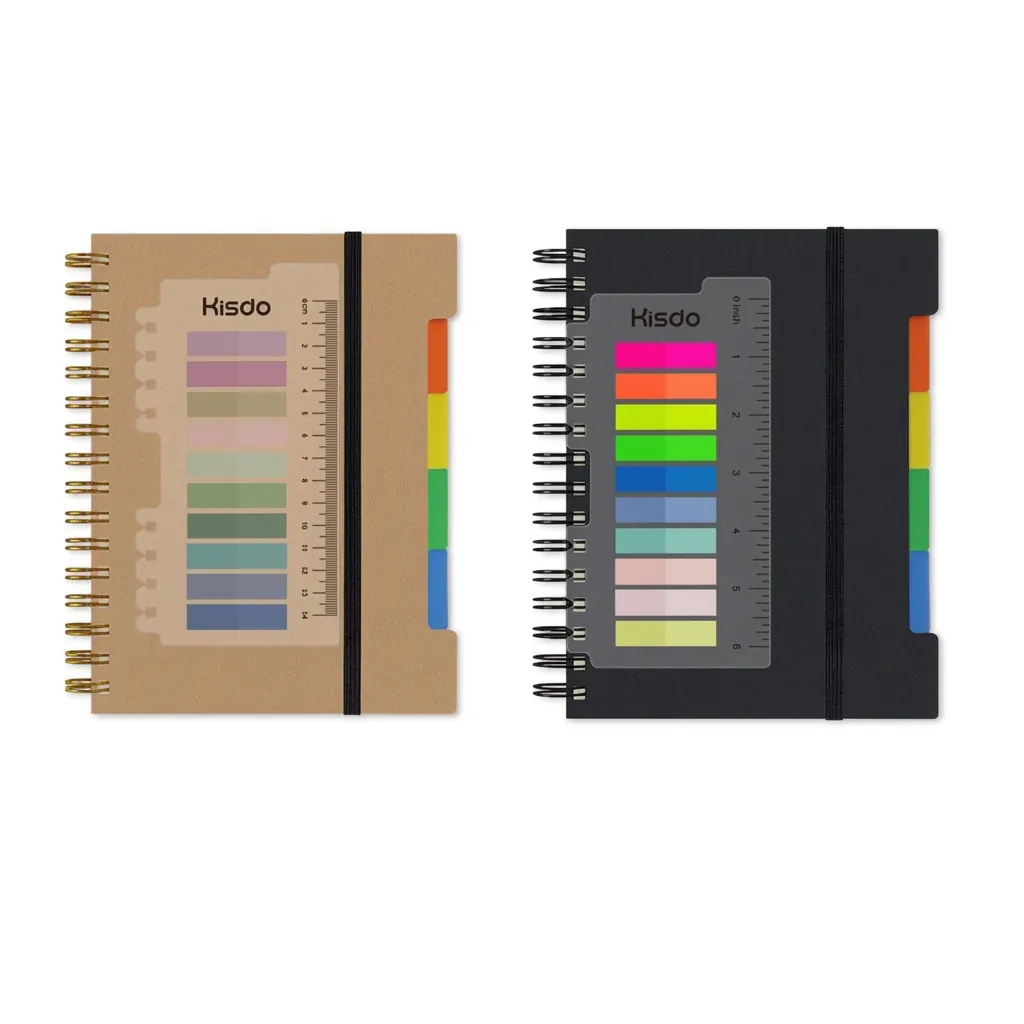 Spiral Notebook Hardcover Kraft Paper With Ruler Bookmark And Color Sticky Notes Portable Journal For School Office Writing