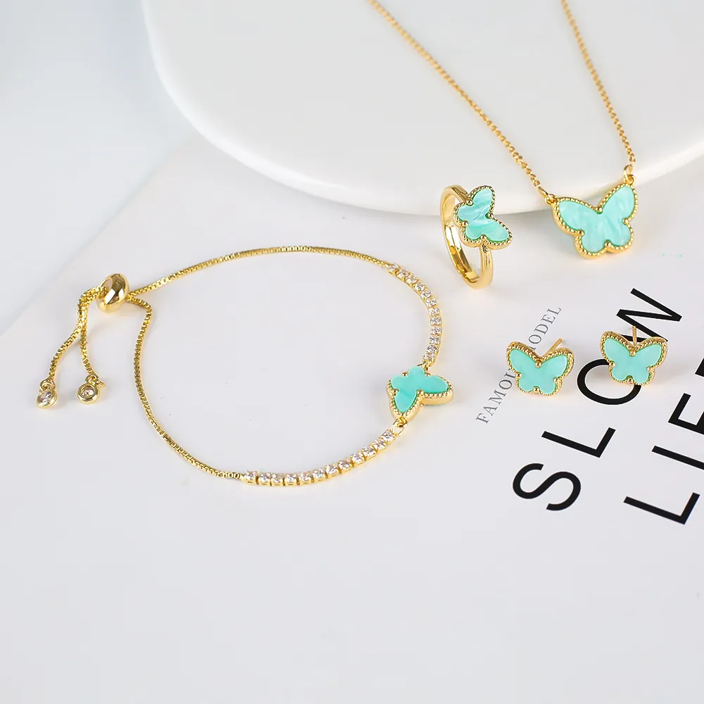 Elegant Butterfly Jewelry Set For Women Copper Gold Plated Butterfly Necklace Earrings Ring Adjustable Bracelet Rhinestone Sweet Fashion Jewelry Set Gift