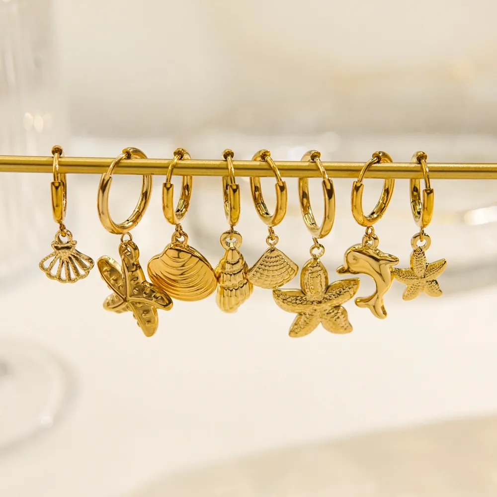 Stainless Steel 14K Gold Plated Hoop Earrings Marine Sea Life Charms Starfish Shell Dolphin Summer Beach Style For Women