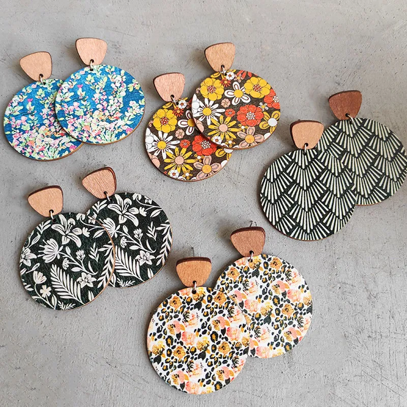 Retro Wood Drop Earrings Bohemian Floral Round Wooden Dangle With Steel Earring Post For Women Fashion