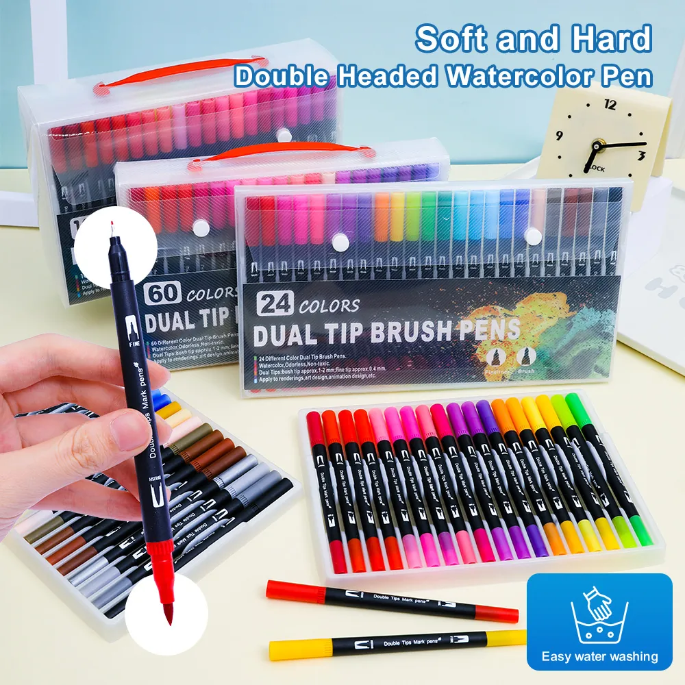 Dual Tip Brush Pens Watercolor Markers Washable Non Toxic Art Supplies Coloring Sketching Drawing Multi Color Plastic