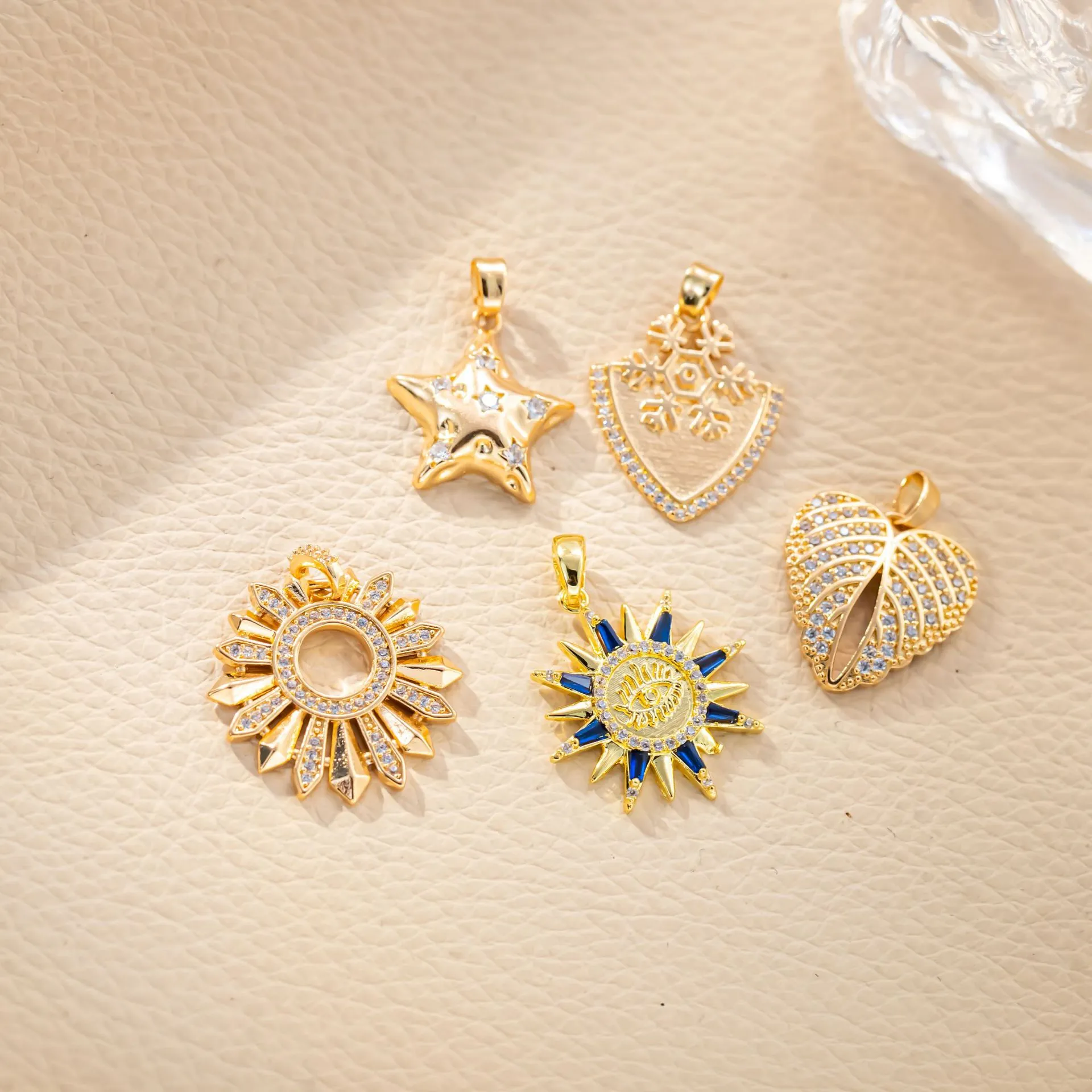 Gold Plated Alloy Pendants With Zircon Rhinestone Star Sun Evil Eye Snowflake Charms For DIY Jewelry Making