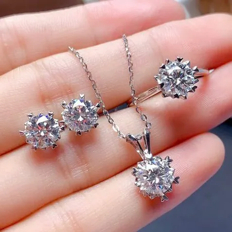 Elegant Women Jewelry Copper Moissanite Zircon Snowflake Flower Six Prong Setting Necklace Ring Earrings PT950 Plated