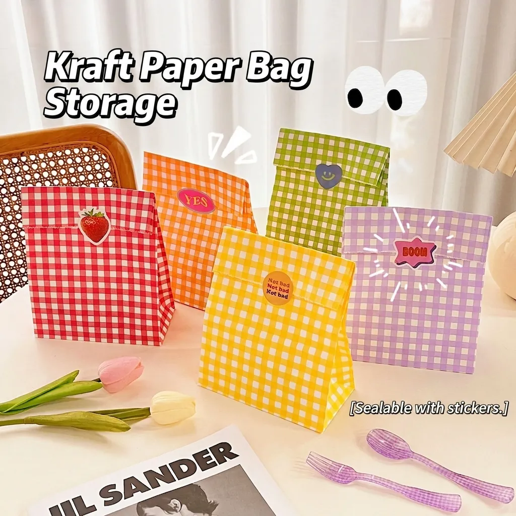 Gingham Checked Paper Gift Bags Kraft Paper Flat Bottom For Party Favors Snacks Packaging Cute Colorful DIY