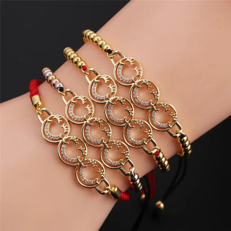 Zierliches Smiley Kupfer Armband Mit Zirkonia Verstellbare Gewebte Kordel Modeschmuck Für Damen