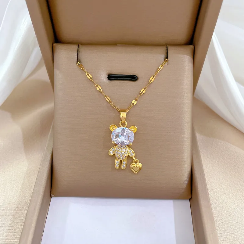 Collana Con Pendente Orsetto Catena In Acciaio Al Titanio Micro Pavé Zircone Gioielli Di Lusso Per Donna