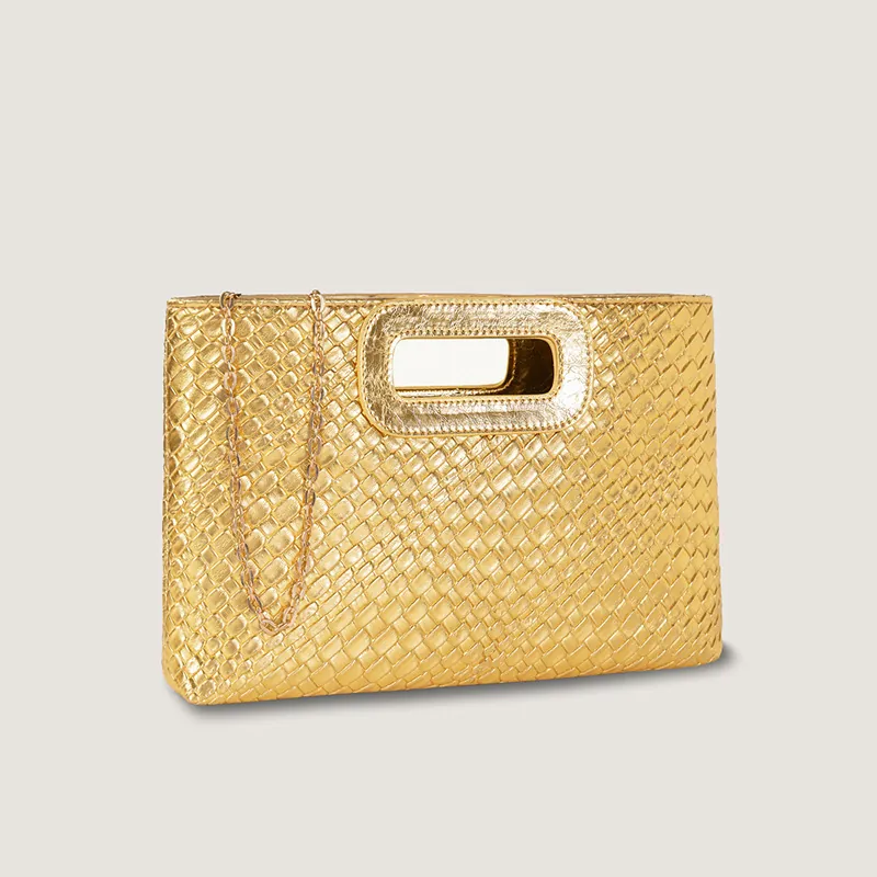 Women Woven Clutch Bag PU Leather Pleated Evening Handbag With Metal Chain Shoulder Strap Elegant Chic For Party