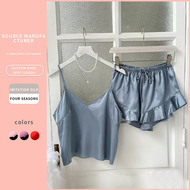 Pyjama Sexy Femme Satin Haut À Bretelles Et Short À Volants Col En V Vêtements De Nuit Élégant Satin Imitation