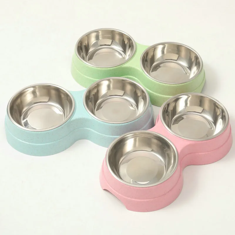 Double Pet Bowls Stainless Steel Removable Food Water Feeder Non Slip Wheat Straw Base For Cats Small Dogs