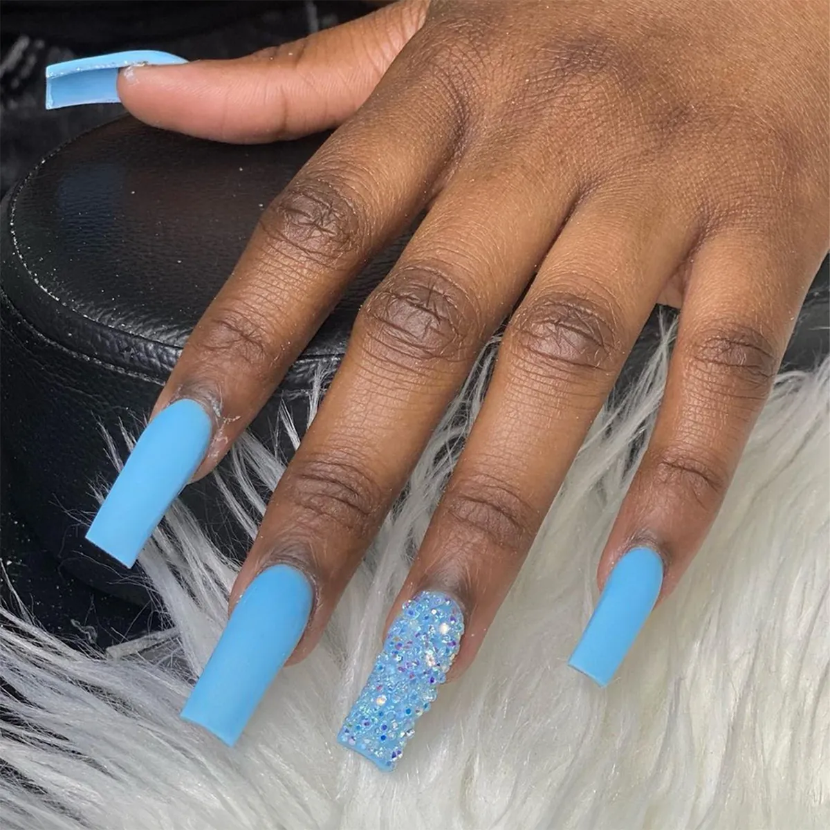 Extra Long Sky Blue Press On Nails Matte Coffin False Nails With Rhinestone Embellishments For Women DIY Nail Art Decor