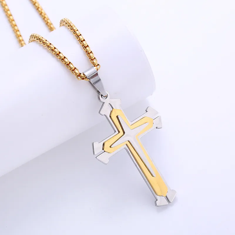 Cross Pendant Necklace 316L Stainless Steel Double Layer Polished Simple Religious Jewelry For Men Women