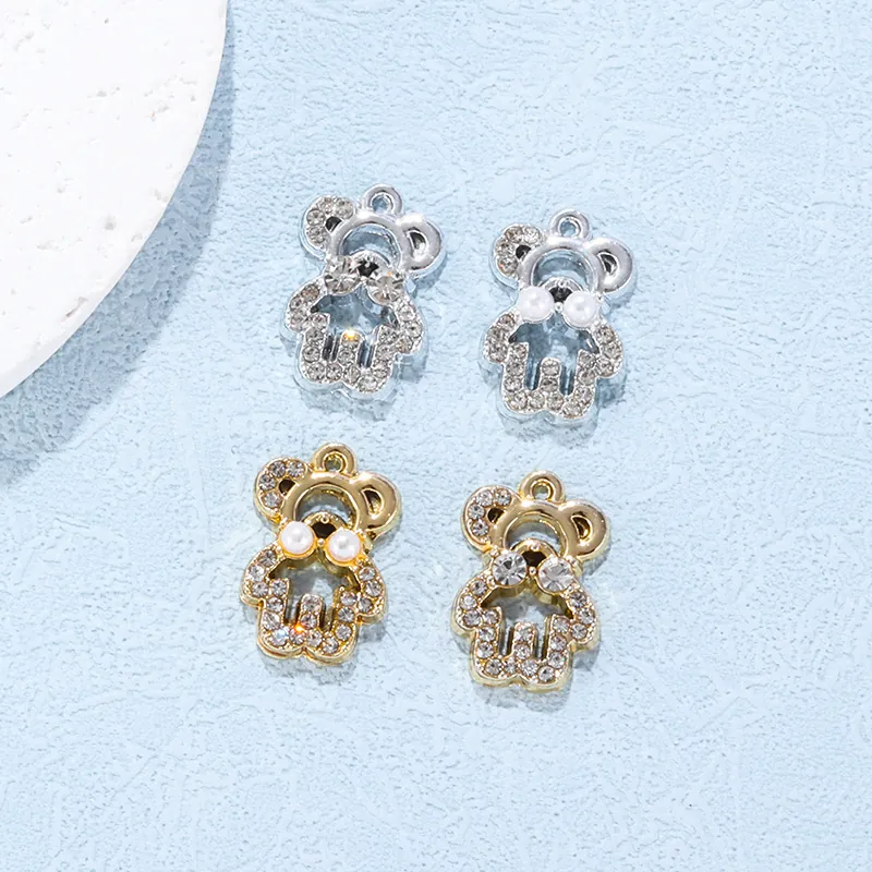 Bear Charms Alloy Rhinestone Imitation Artificial Pearl DIY Pendant For Jewelry Making Necklace Bracelet Accessory