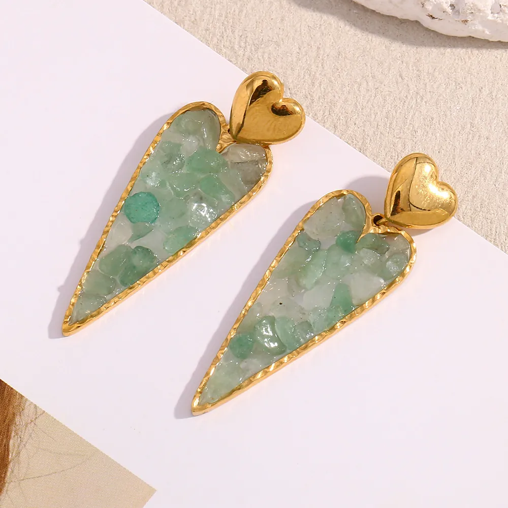 Heart Drop Earrings Stainless Steel 18K Gold Plated Green Crushed Stone Vintage Bohemian Dangle Jewelry For Women
