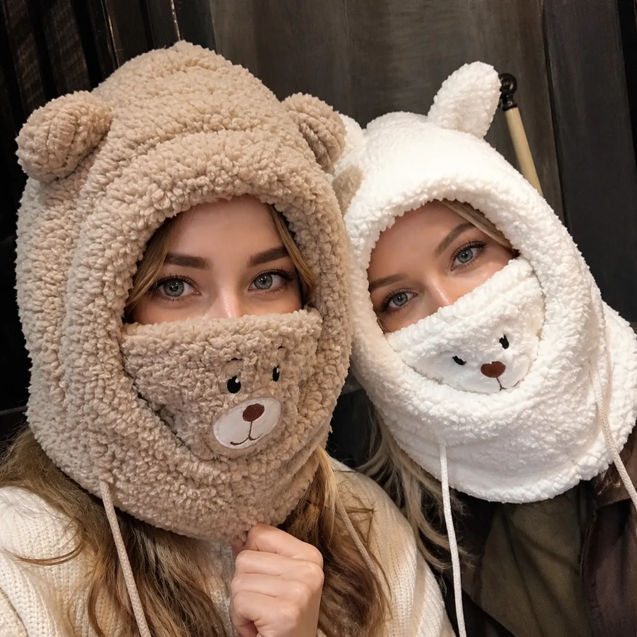 Winter Sherpa Fleece Balaclava Hat With Mask Cute Bear Ears Windproof Thickened Warm Hooded Scarf For Women