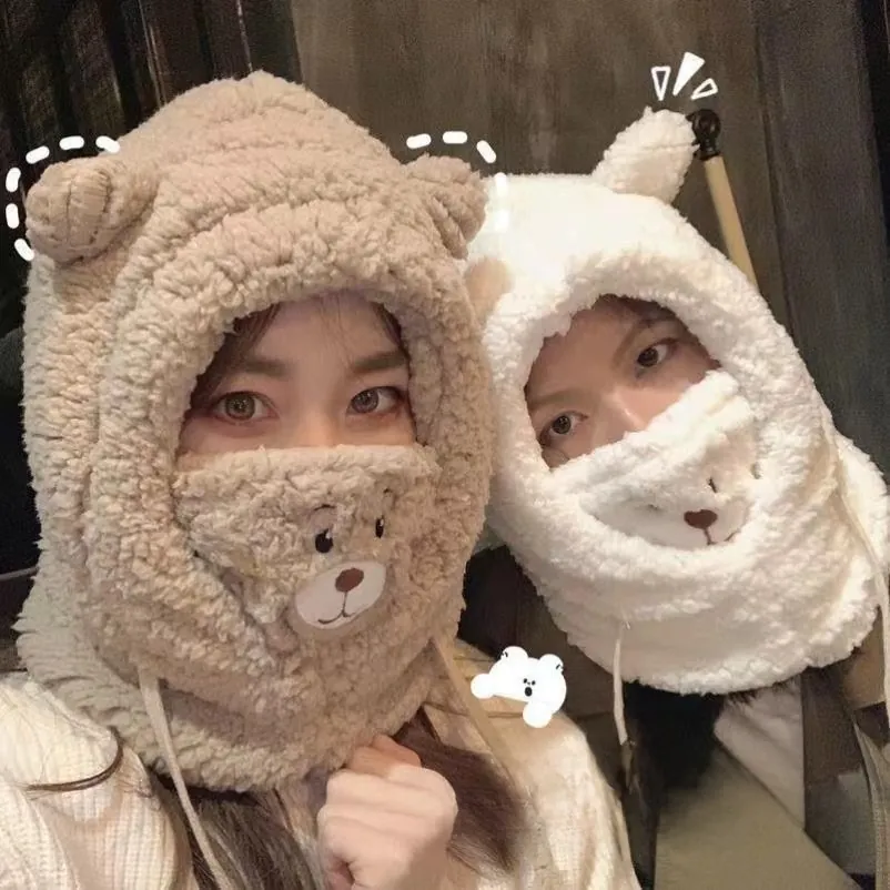 Cagoule En Polaire Sherpa D'hiver Avec Masque Oreilles D'ours Mignonnes Coupe-vent Écharpe À Capuche Chaude Pour Femme
