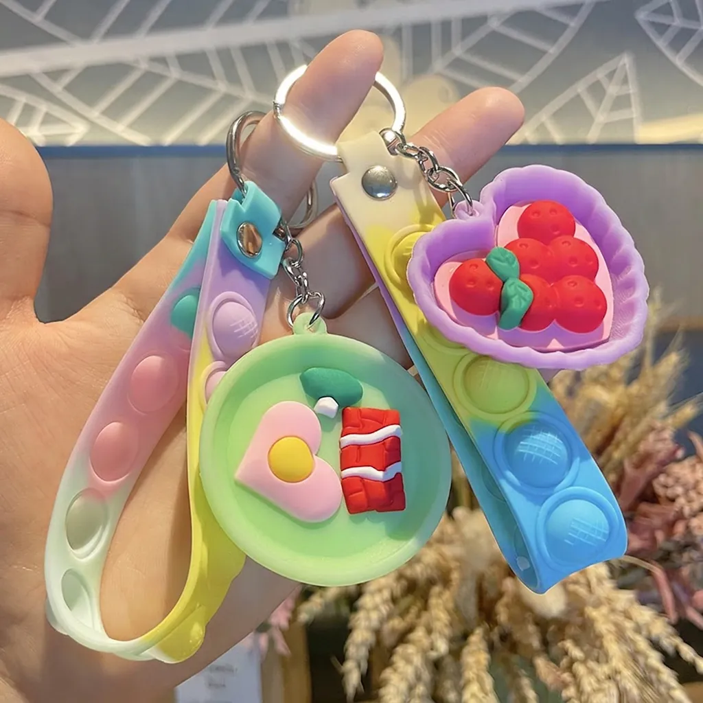 Porte-clés De Nourriture De Simulation PVC Silicone Pop It Jouet Anti-stress Pendentif De Sac Sangle Dégradée
