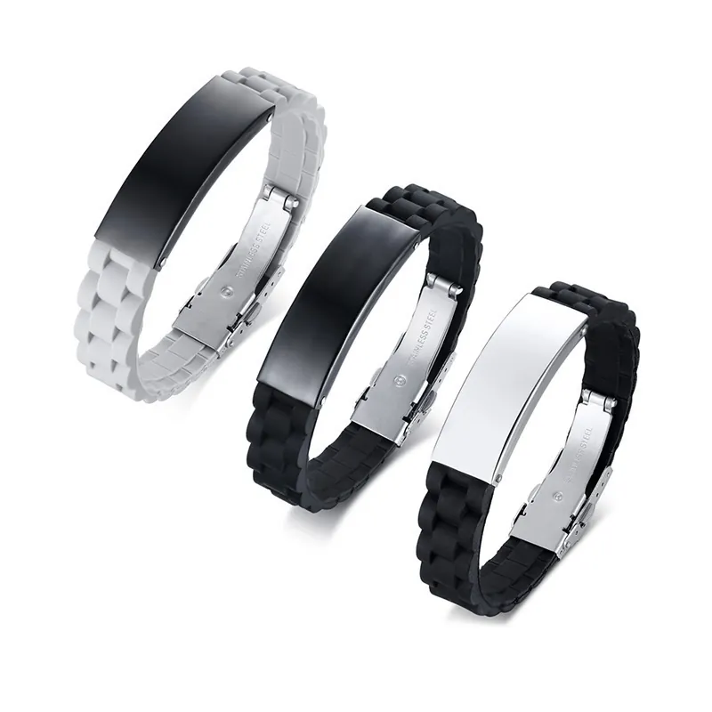 Mens Stainless Steel Silicone Bracelet Adjustable Sporty ID Plate Bangle Wristband Polished Minimalist Jewelry Gift For Son