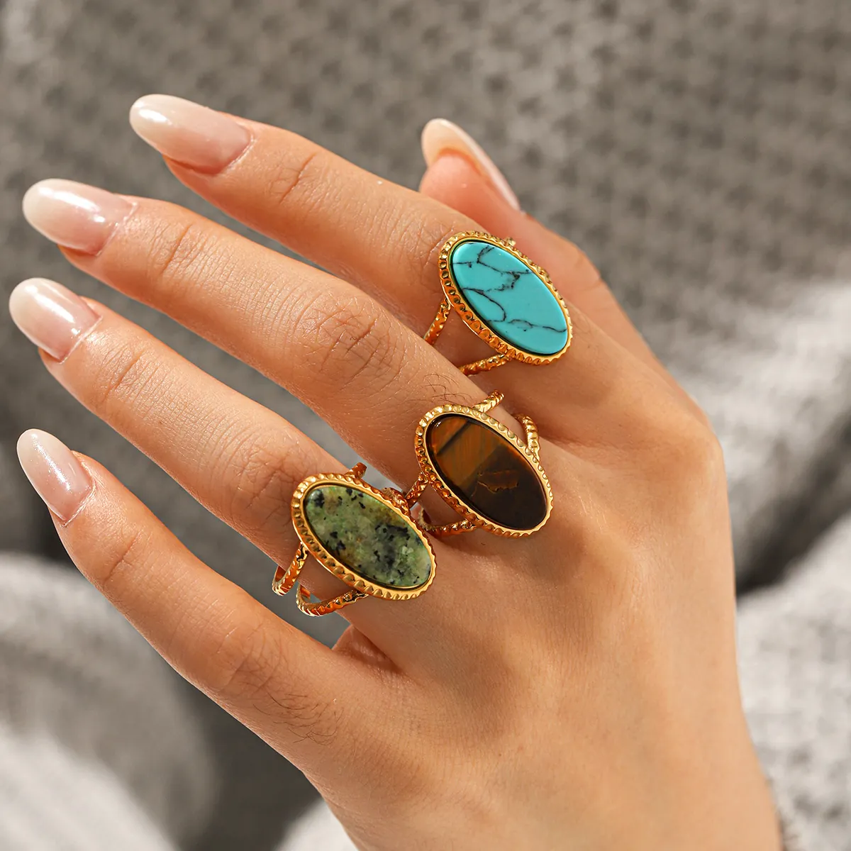 Retro Stainless Steel Rings Women Turquoise Tiger Eye Natural Stone Bohemian Vintage Adjustable Open Band Jewelry