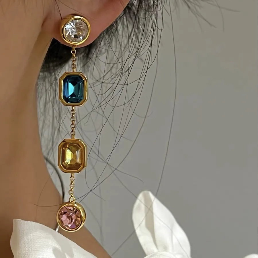 Boucles D'oreilles Pendantes Longues En Pierres Gemmes Carrées Colorées Pour Femmes Bijoux En Alliage Avec Tige En Argent