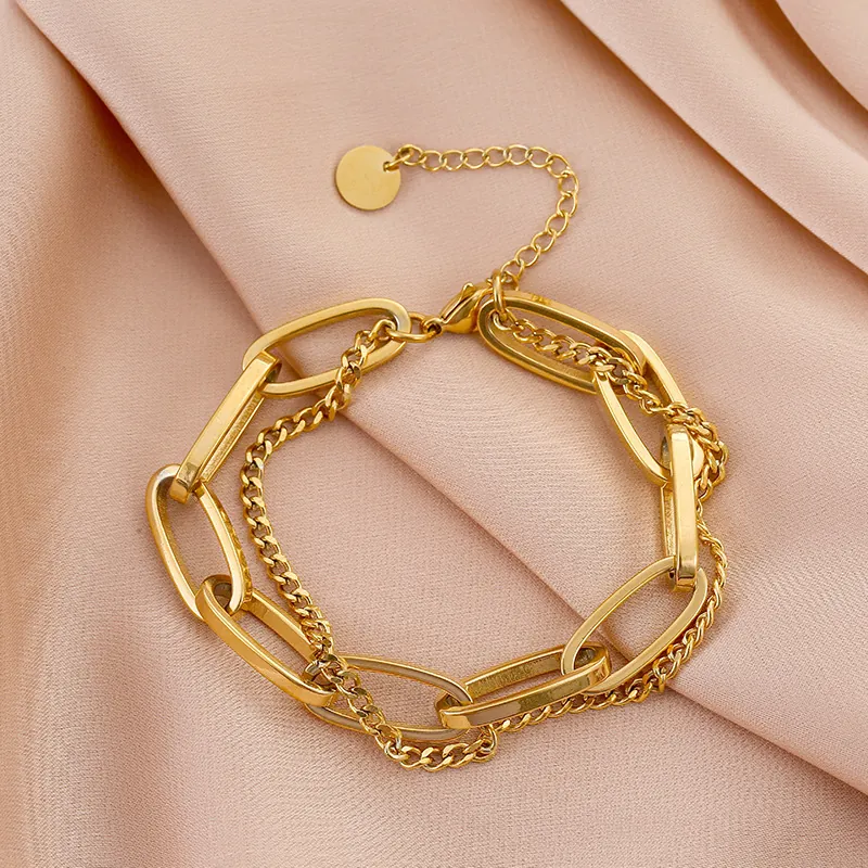 Double Layer Bracelet For Women Titanium Steel 18K Gold Plated Thick Oval Link And Thin Cuban Chain Fashion Jewelry