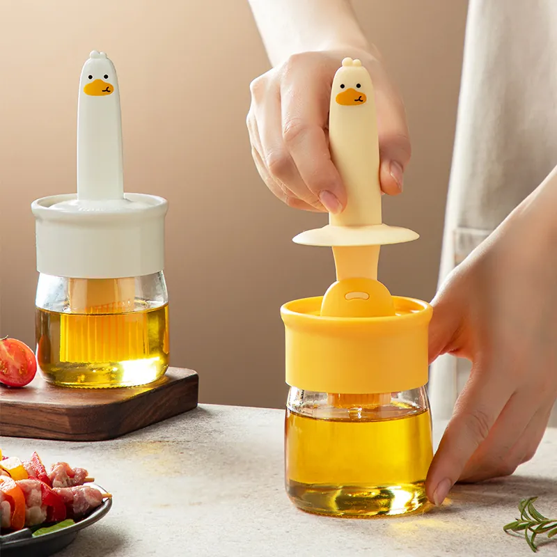 Silicone Oil Brush Glass Bottle Integrated Lid Heat Resistant Cartoon Duck Design Kitchen Basting Tool For BBQ Baking Cooking